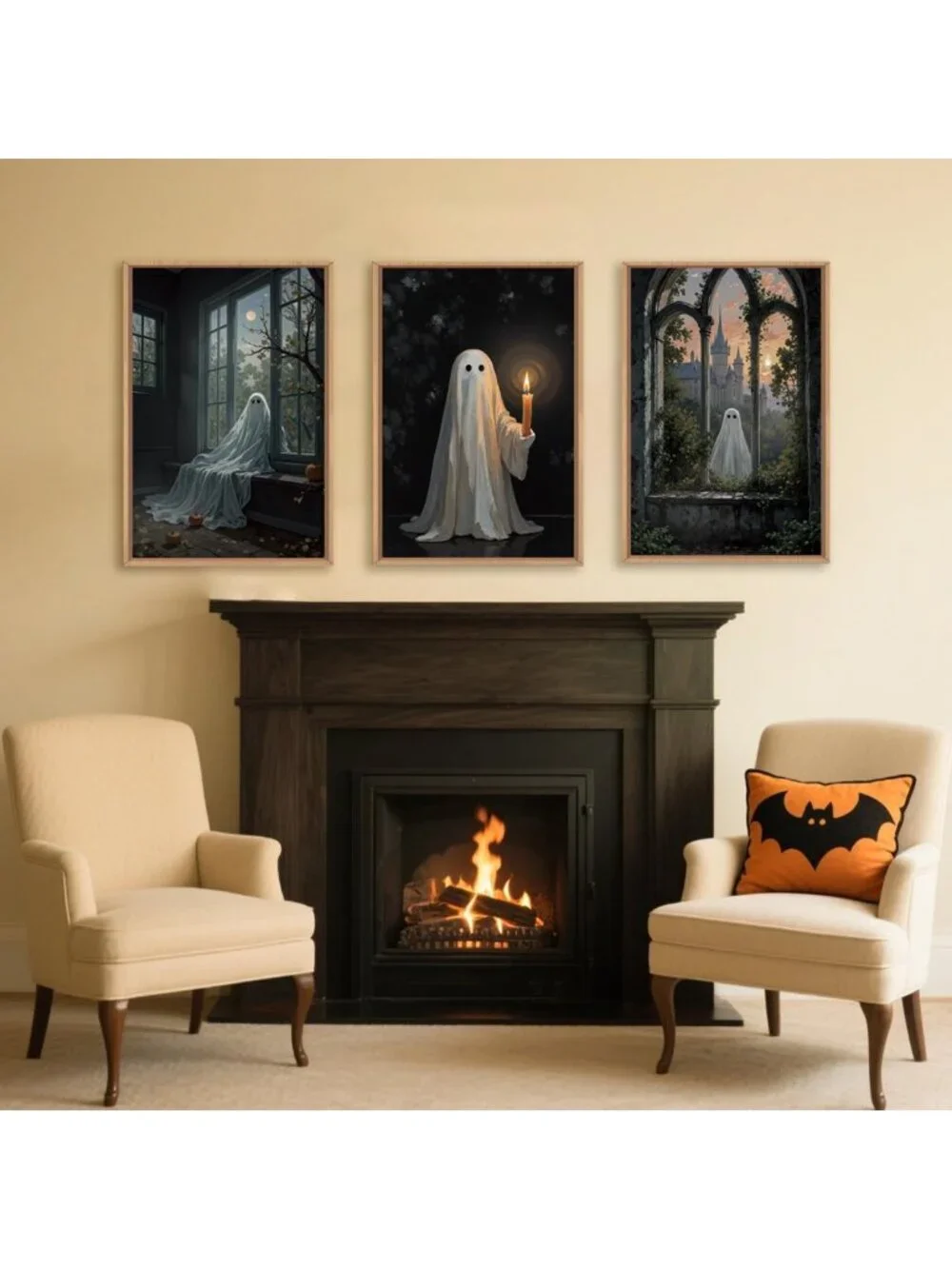 Large Halloween Ghost Canvas Wall Art Set - Vintage Spooky Decor for Home